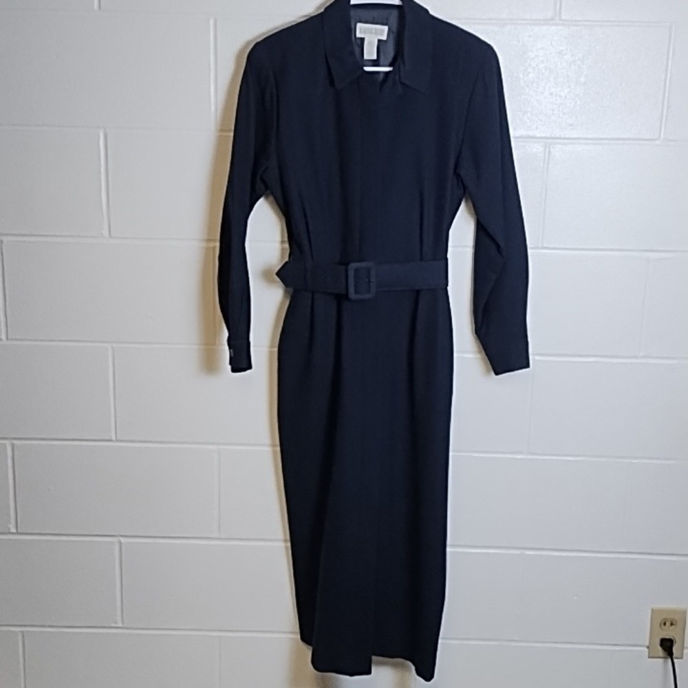 Lands End Navy Shirt Waist Covered Button Placket Wool Fully Lined Dress Pockets